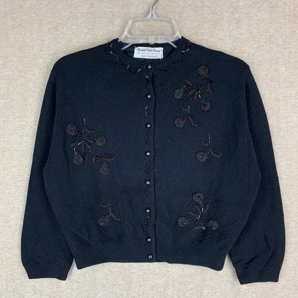 Vintage 1950s 100% Virgin Cashmere Cardigan sz 40 Marshall Fields Beaded Floral